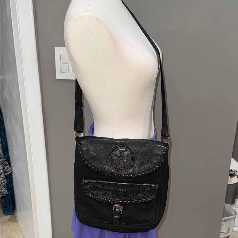 Tory Burch Black Crossbody with Leather Trim and Logo Flap